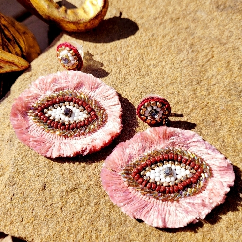 New Oversized Boho Funky Evil Eye Beaded Silk Fringe Drop Earrings - Picture 2 of 8